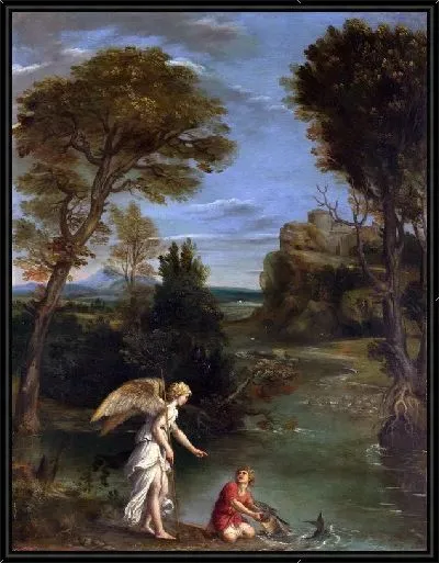 Картина Тобиас ловит рыбу ( Landscape with Tobias laying hold of the Fish)