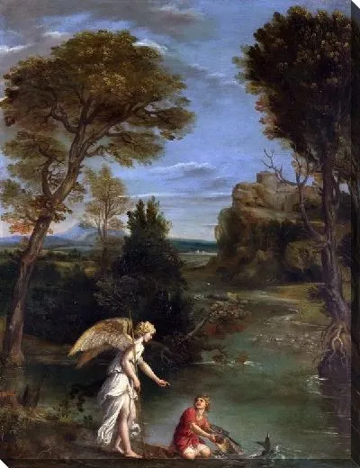 Картина Тобиас ловит рыбу ( Landscape with Tobias laying hold of the Fish)