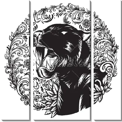 Модульная картина Чёрный ягуар стилизованный цветочным орнаментом