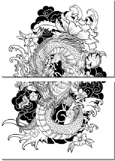 Модульная картина Дракон в цветочном орнаменте