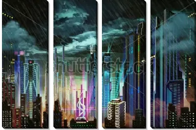 Модульная картина Футуристичный ночной город под дождём