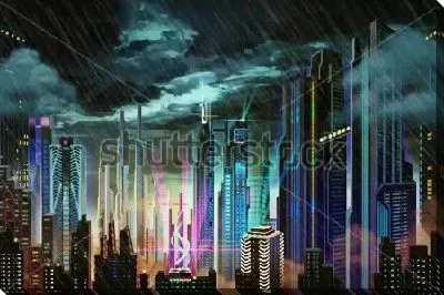 Футуристичный ночной город под дождём