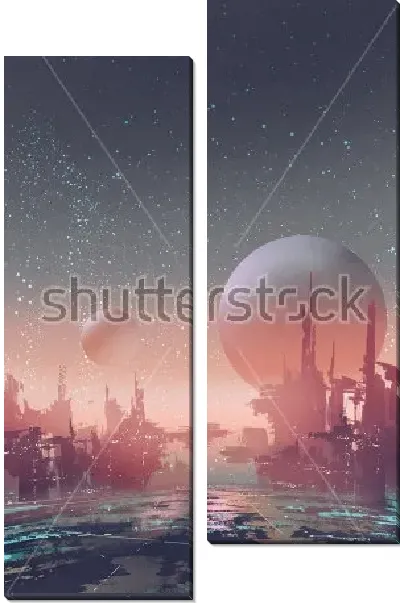 Модульная картина Научно-фантастический город с футуристическими зданиями на другой планете