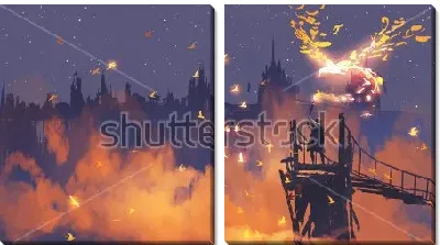 Модульная картина Чародей с волшебным факелом на мосту на фоне города в оранжевых облаках