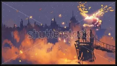 Картина Чародей с волшебным факелом на мосту на фоне города в оранжевых облаках