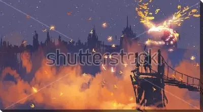 Постер Чародей с волшебным факелом на мосту на фоне города в оранжевых облаках