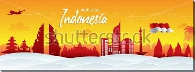 Постер Достопримечательности Индонезии в золотом закате