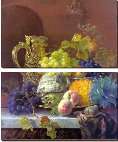 Фрукты и серебряный кувшин на подносе ( Fruits on a tray with a silver flagon on a marble ledge)