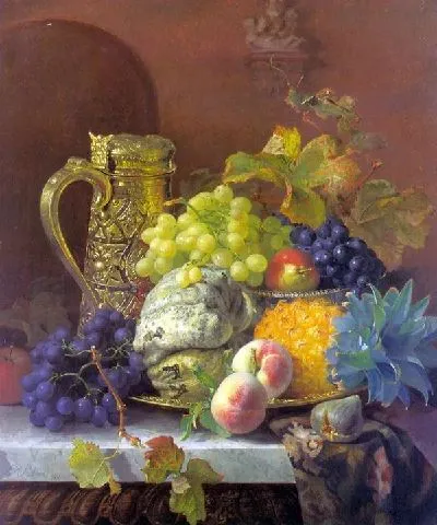 Картина Фрукты и серебряный кувшин на подносе ( Fruits on a tray with a silver flagon on a marble ledge)