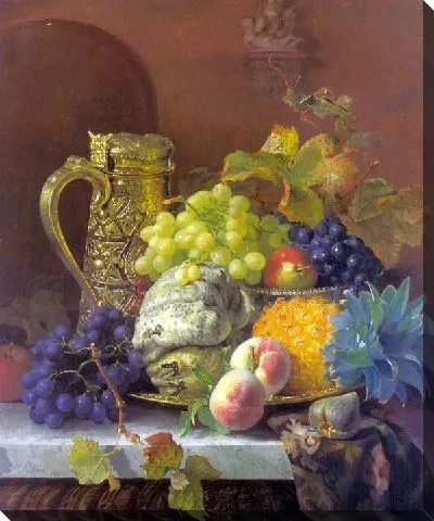 Картина Фрукты и серебряный кувшин на подносе ( Fruits on a tray with a silver flagon on a marble ledge)