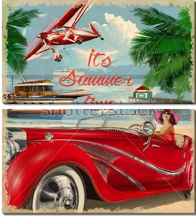 Модульная картина Женщина в шляпе за рулем ретро автомобиля в отпуске