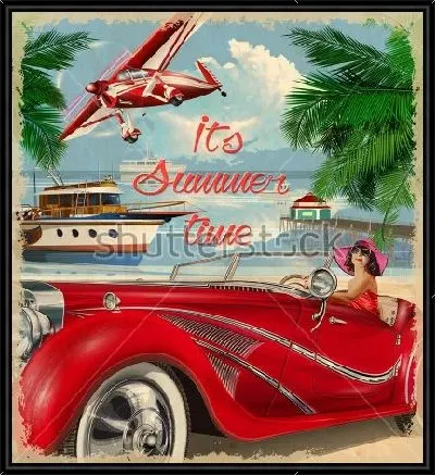 Картина Женщина в шляпе за рулем ретро автомобиля в отпуске