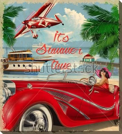 Постер Женщина в шляпе за рулем ретро автомобиля в отпуске