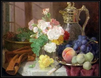 Гвоздике в стеклянной вазе на мраморном выступе (Carnations in a glass vase on a draped marble ledge)
