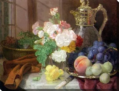 Гвоздике в стеклянной вазе на мраморном выступе (Carnations in a glass vase on a draped marble ledge)