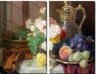 Гвоздике в стеклянной вазе на мраморном выступе (Carnations in a glass vase on a draped marble ledge)