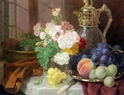 Гвоздике в стеклянной вазе на мраморном выступе (Carnations in a glass vase on a draped marble ledge)