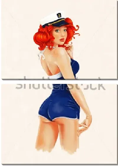 Модульная картина Выразительная рыжая девушка в синем морском купальнике и фуражке