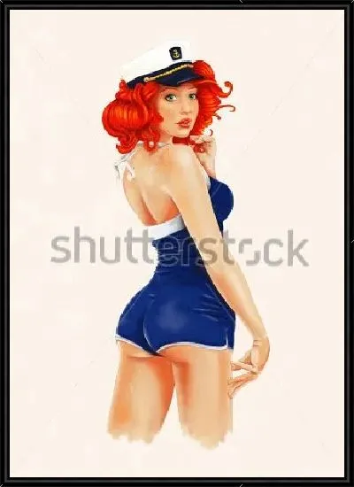 Картина Выразительная рыжая девушка в синем морском купальнике и фуражке