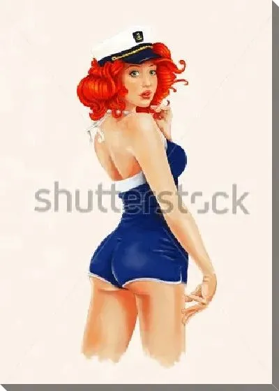 Постер Выразительная рыжая девушка в синем морском купальнике и фуражке