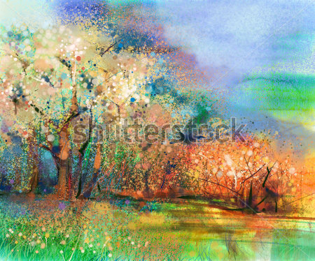 Картина маслом Красочный пейзаж с цветущими деревьями у водоёма 