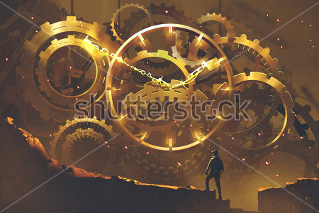 Картина Человек стоит на ступеньках перед большим золотым часовым механизмом 