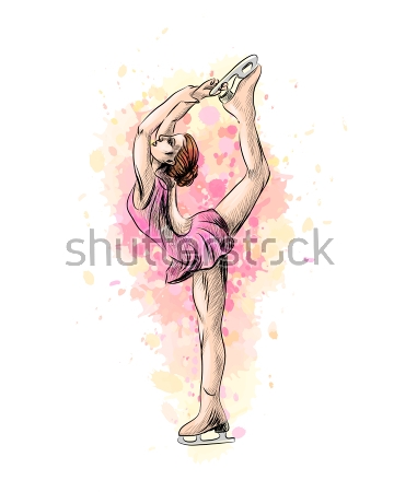 Картина Красочная иллюстрация с танцующей фигуристкой на фоне акварельных пятен и брызг 