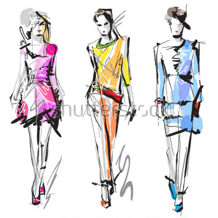 Картина маслом Яркая иллюстрация трёх моделей в модных нарядах для показа мод 