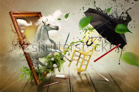 Картина Динамичный яркий коллаж на тему фантазии художника - из картины выскакивает белая лошадь, разбрасывая карандаши, краски, стул и зонтик 