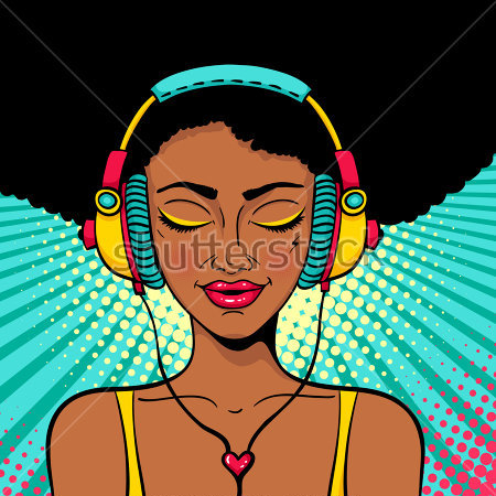 Картина Темнокожая девушка с пышными чёрными волосами с удовольствием слушает музыку в наушниках 
