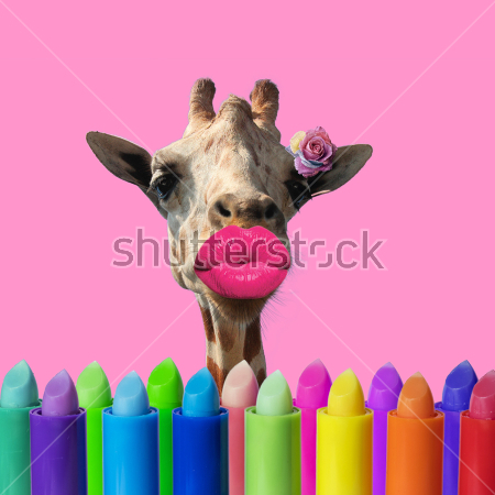 Картина Забавный коллаж с разноцветными яркими помадами и жирафом с большим розовыми губами 