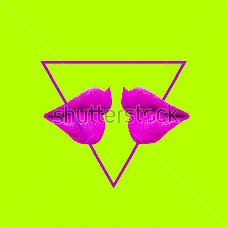 Картина Яркий коллаж в кислотных оттенках розового и зелёного - губы в треугольнике 