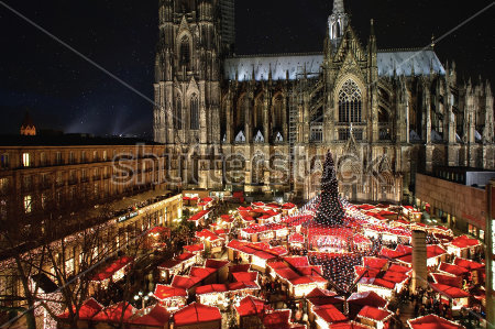 Картина маслом Рождественский базар на площади Кёльнского собора в красивой ночной подсветке 