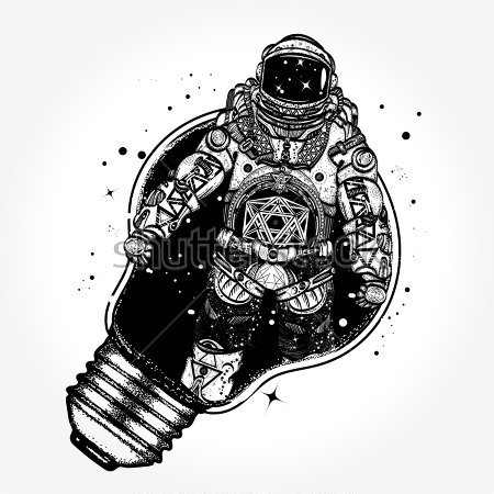 Картина Коллаж с космонавтом, выходящим из лампочки в виде космического корабля 