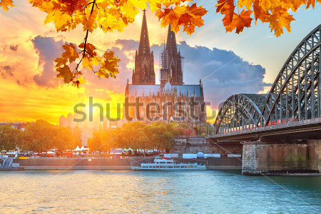 Картина маслом Осенний пейзаж Кёльна с видом на Кёльнский собор и мост в лучах золотого заката 