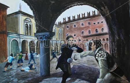 Картина Акварельная иллюстрация с поединком фехтовальщиков в средневековом городе 