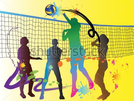 Картина Красочный коллаж игры в волейбол из силуэтов игроков и ярких клякс на жёлтом фоне 