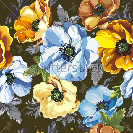 Картина Яркая цветочная композиция с голубыми и жёлтыми анемонами на тёмном фоне 