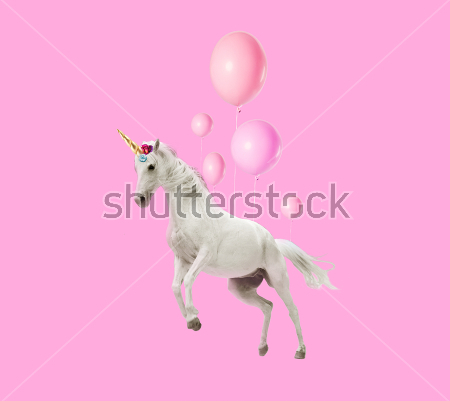 Картина Коллаж с единорогом и розовыми воздушными шариками на розовом фоне 