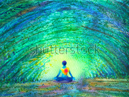Картина Медитация в позе лотоса в сине-зелёном энергетическом тоннеле 