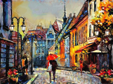 Картина Влюблённые под красным зонтиком на старинной улочке Будапешта 