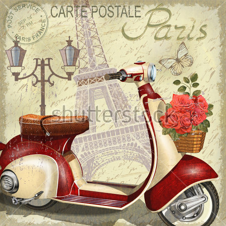 Картина Постер о Париже в винтажном стиле - мотоцикл с цветочной корзиной на фоне фонаря и Эйфелевой башни 
