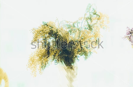 Картина Пышный букет жёлтой мимозы в вазе на светлом фоне 