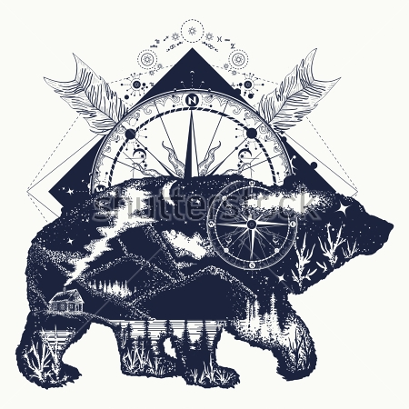 Картина Двойная экспозиция - медведь и роза ветров 