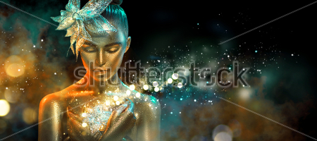 Картина Портрет красивой девушки с цветком в золотом макияже на фоне ярких бликов неонового света 