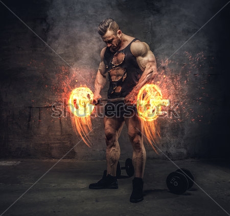 Картина Портрет мощного культуриста, выполняющего упражнение с горящей штангой 