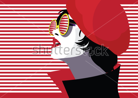 Картина Яркая иллюстрация модной девушки в красном берете и солнечных очках на фоне с красно-белыми полосами 