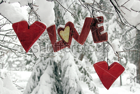 Картина Ёлочные игрушки-буквы слова Любовь на фоне зимнего пейзажа 