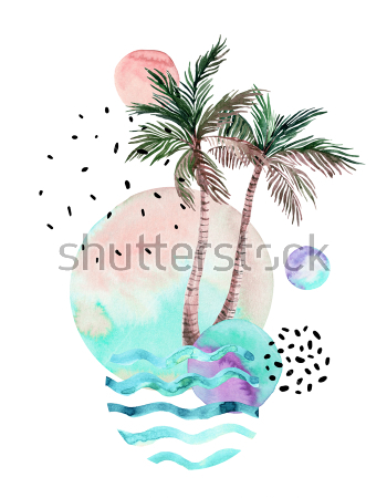 Картина Красочный коллаж с пальмами, разноцветными кругами, линиями и чёрными пятнами 