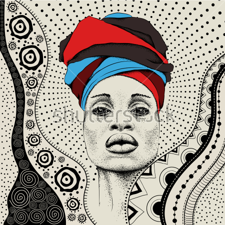 Картина Яркий коллаж с африканской девушкой в разноцветной чалме на фоне орнамента и геометрических фигур 